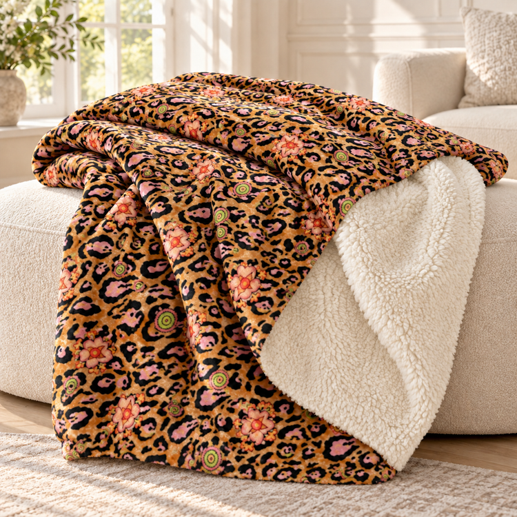 COZY DOUBLE FACED THROW BLANKET - LEOPARD LOTUS BLOSSOM