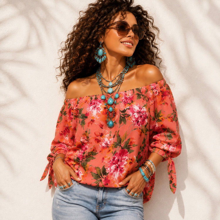 OFF SHOULDER TIE SLEEVE BLOUSE TROPICAL