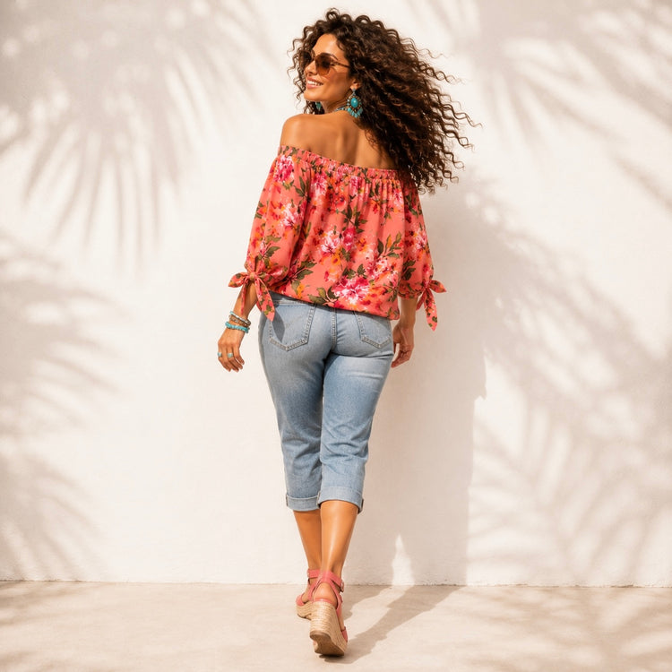 OFF SHOULDER TIE SLEEVE BLOUSE TROPICAL
