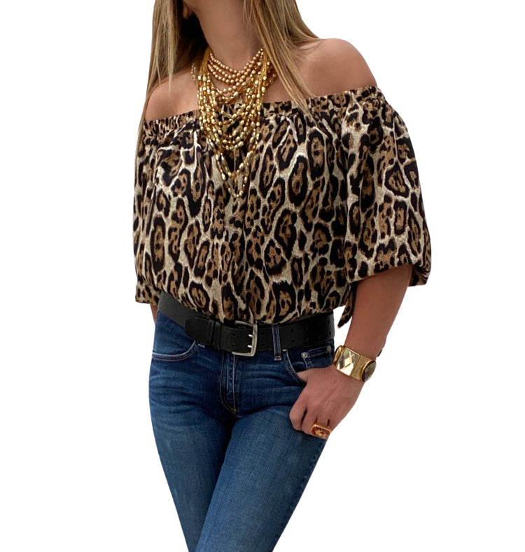 OFF SHOULDER TIE SLEEVE BLOUSE LEOPARD