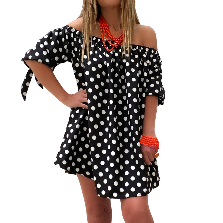 OFF SHOULDER TIE SLEEVE BLOUSE - POLKA DOT