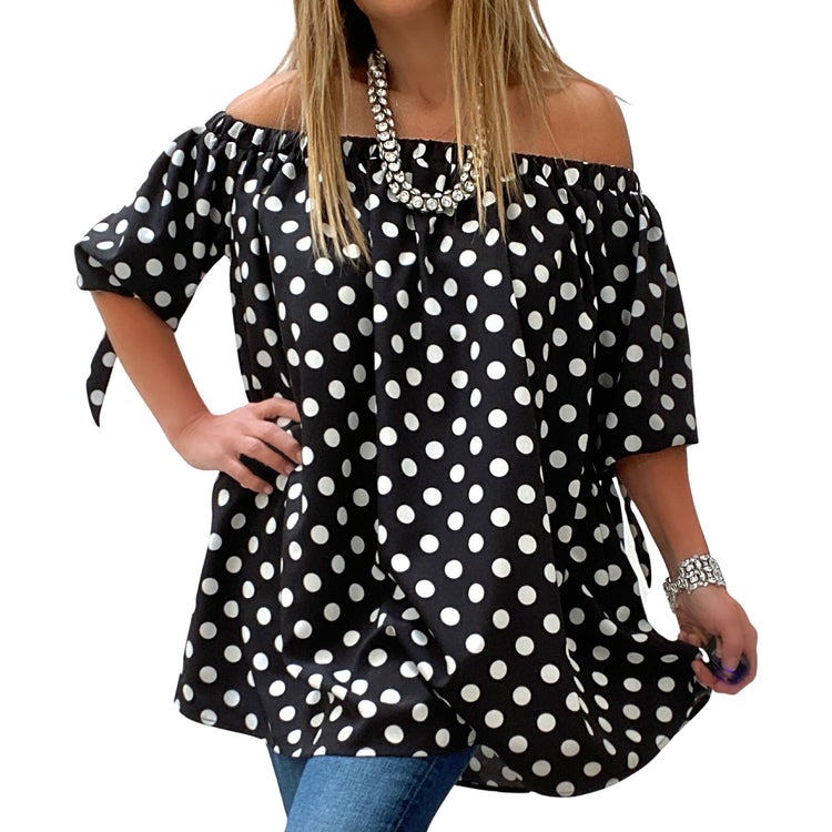 OFF SHOULDER TIE SLEEVE BLOUSE - POLKA DOT