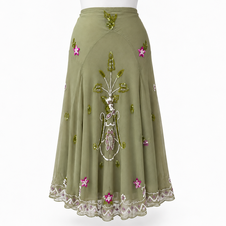 BEADED CHIFFON SKIRT SAGE