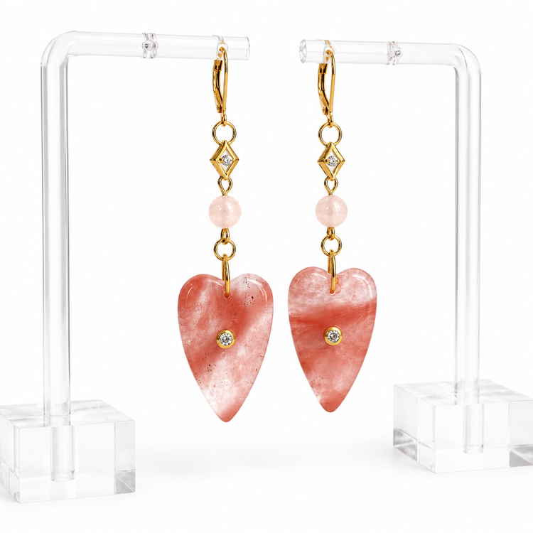 WATERMELON QUARTZ HEART DROP EARRINGS