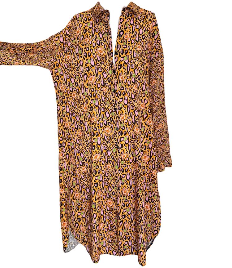 APRICOT LEOPARD LOTUS BLOSSOM SHIRT-DRESS