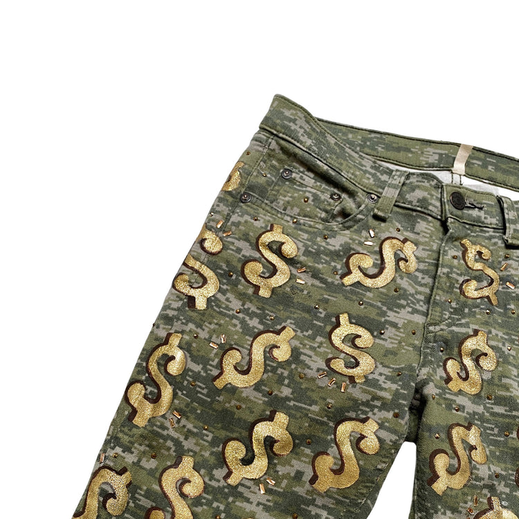 LESLIE HAMEL CAMO CASH MONEY JEANS WITH AUSTRIAN CRYSTALS BY COMMISSION ONLY