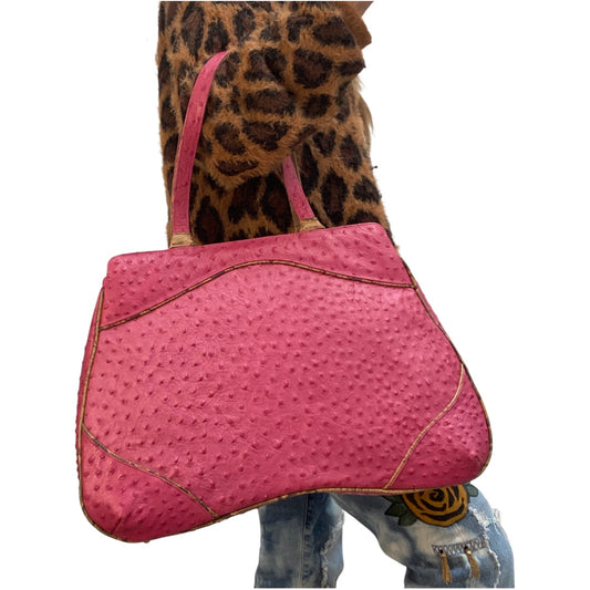PINK OSTRICH TOTE WITH SNAKESKIN TRIM