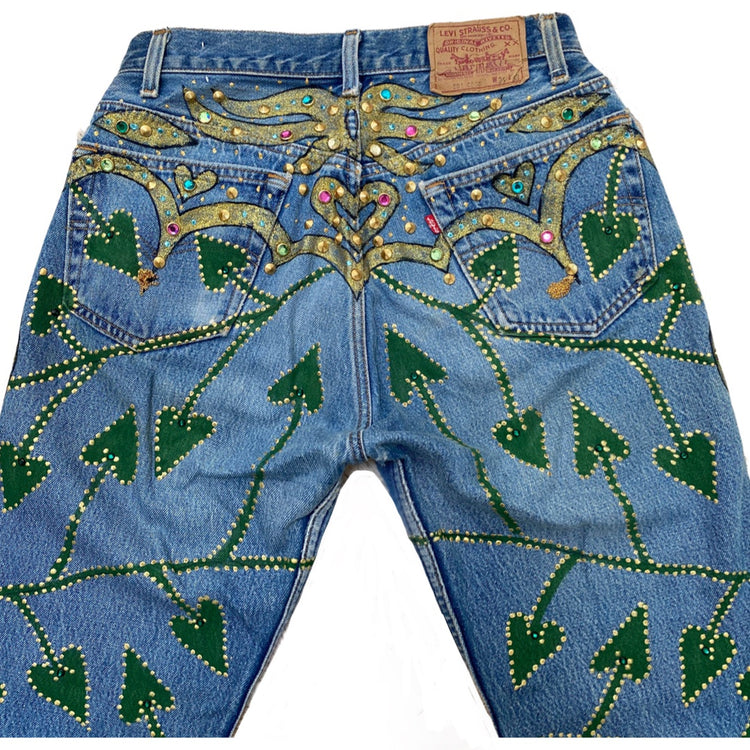 THE DELUXE JEANS HANDPAINTED STUDDED CRYSTAL EMBELLISHED LESLIE HAMEL LA JEANS