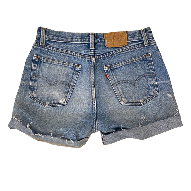 LESLIE HAMEL VINTAGE 90S STAINED GLASS HAND PAINTED & APPLIQUED LEVIS 501 SHORTS