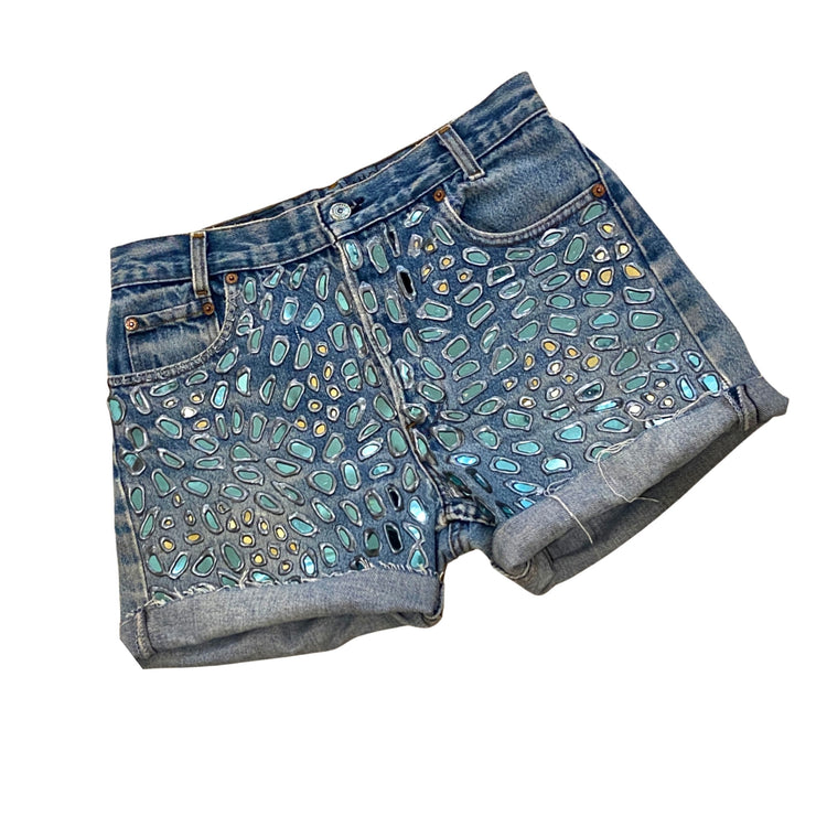 LESLIE HAMEL VINTAGE 90S STAINED GLASS HAND PAINTED & APPLIQUED LEVIS 501 SHORTS
