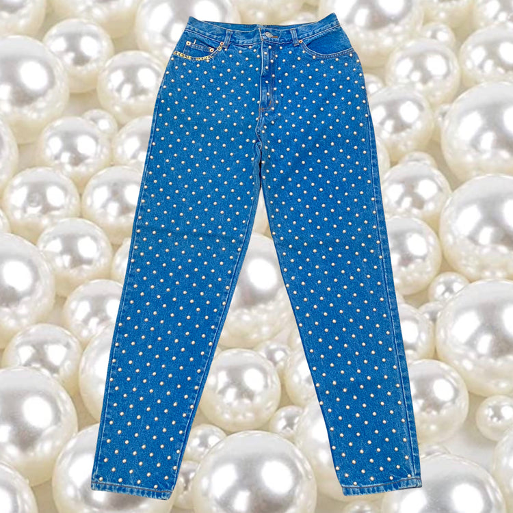 PEARL STUDDED HIGH WAISTED JEANS