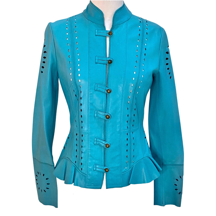 TURQUOISE LASER CUT LAMBSKIN LEATHER JACKET