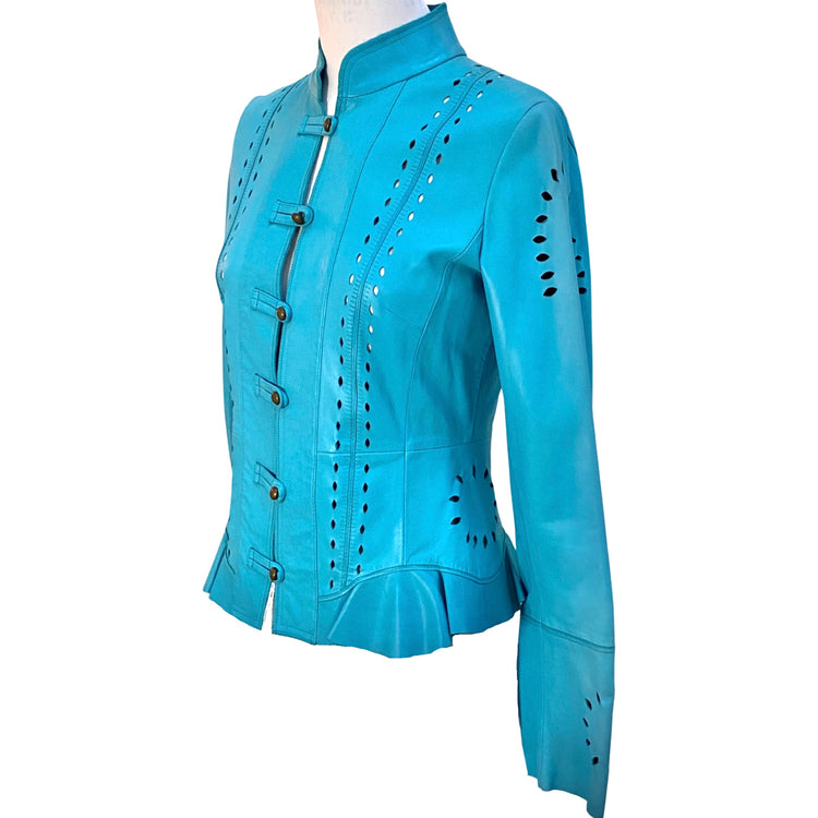 TURQUOISE LASER CUT LAMBSKIN LEATHER JACKET
