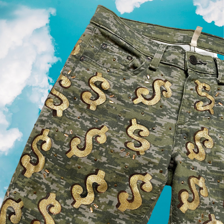 LESLIE HAMEL CAMO CASH MONEY JEANS WITH AUSTRIAN CRYSTALS BY COMMISSION ONLY