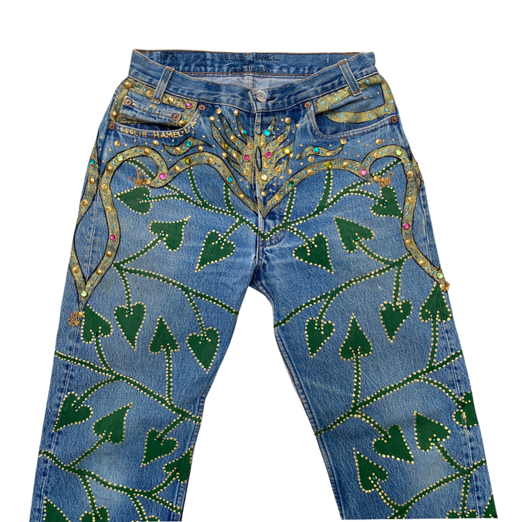 THE DELUXE JEANS HANDPAINTED STUDDED CRYSTAL EMBELLISHED LESLIE HAMEL LA JEANS