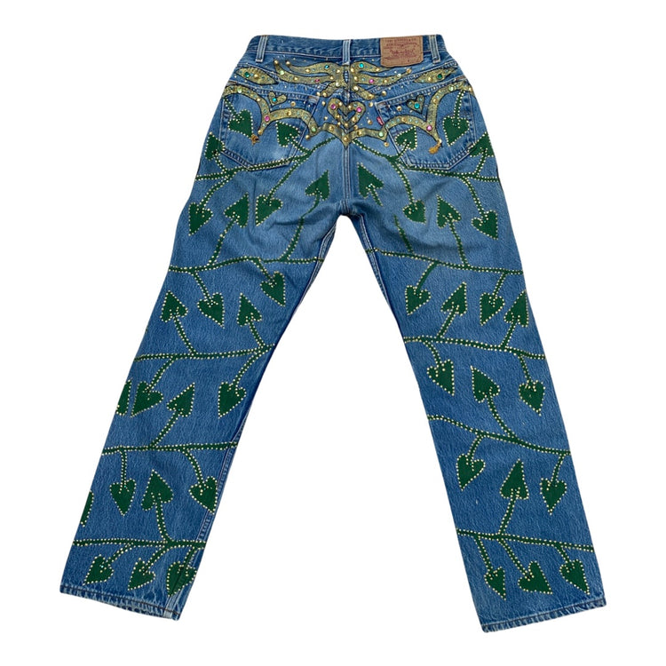 THE DELUXE JEANS HANDPAINTED STUDDED CRYSTAL EMBELLISHED LESLIE HAMEL LA JEANS