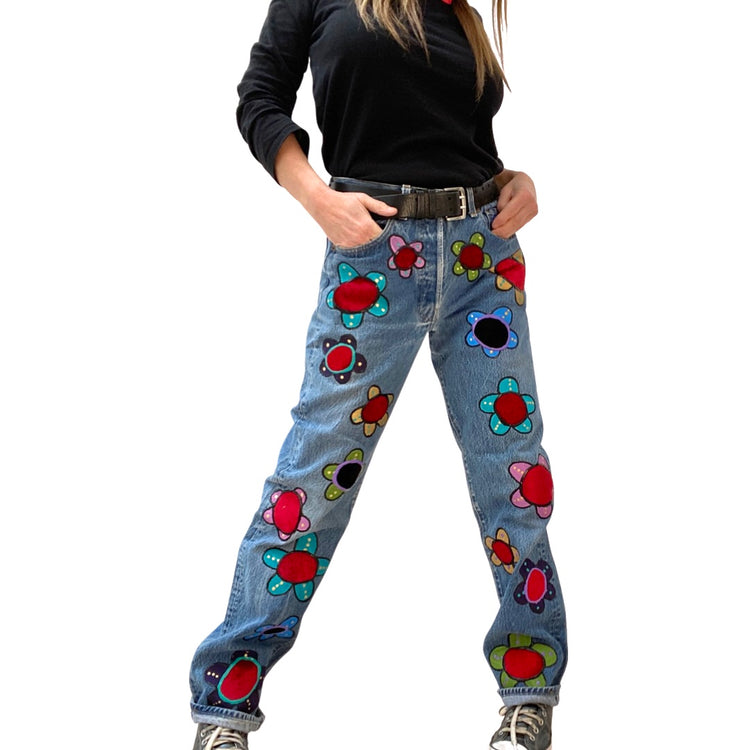 VELVET FLOWER HANDPAINTED & APPLIQUED LEVIS 501 LESLIE HAMEL JEANS