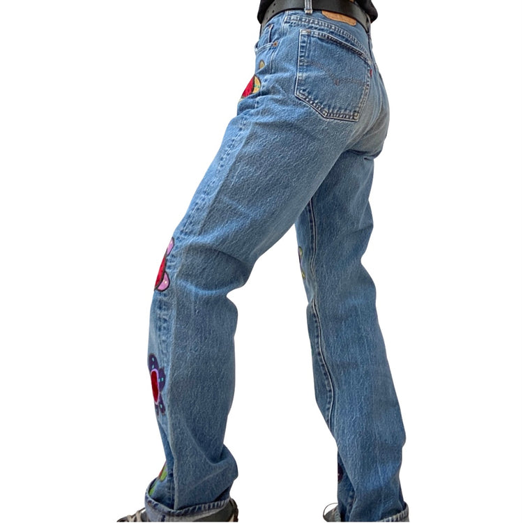 VELVET FLOWER HANDPAINTED & APPLIQUED LEVIS 501 LESLIE HAMEL JEANS