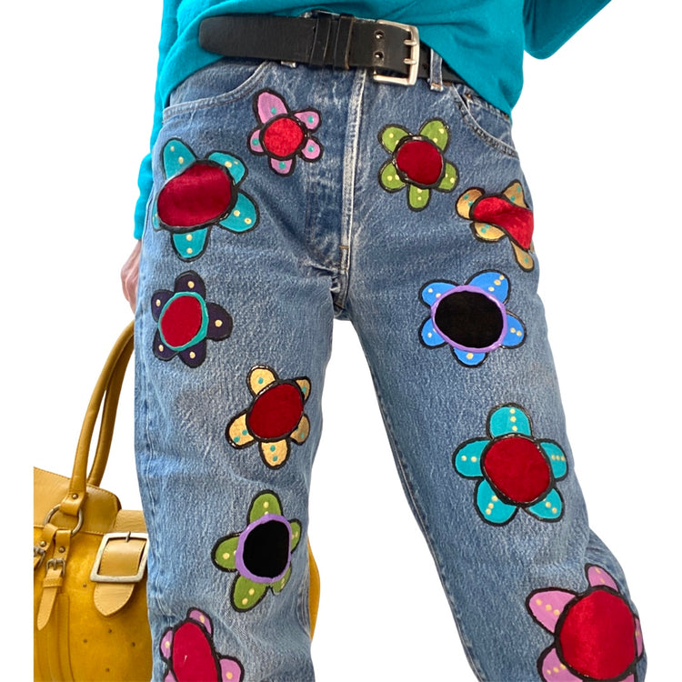 VELVET FLOWER HANDPAINTED & APPLIQUED LEVIS 501 LESLIE HAMEL JEANS