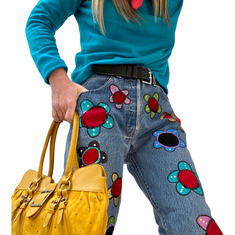 VELVET FLOWER HANDPAINTED & APPLIQUED LEVIS 501 LESLIE HAMEL JEANS
