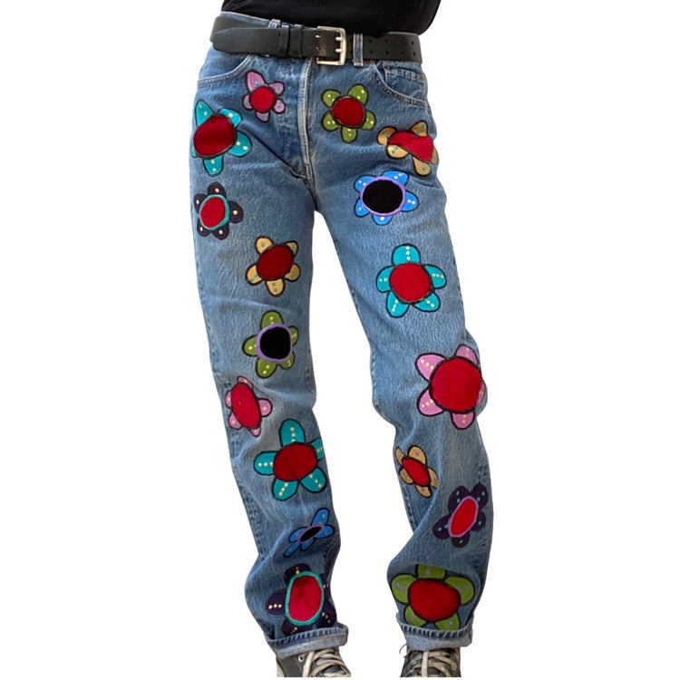 VELVET FLOWER HANDPAINTED & APPLIQUED LEVIS 501 LESLIE HAMEL JEANS