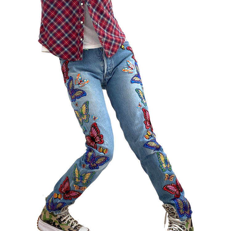 ZE BUTTERFLY HANDPAINTED AND APPLIQUÉD JEANS