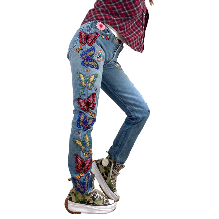ZE BUTTERFLY HANDPAINTED AND APPLIQUÉD JEANS