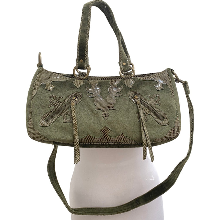 VELVET COWHIDE & SNAKESKIN APPLIQUE BAG WITH TOP HANDLE AND REMOVABLE CROSSBODY STRAP