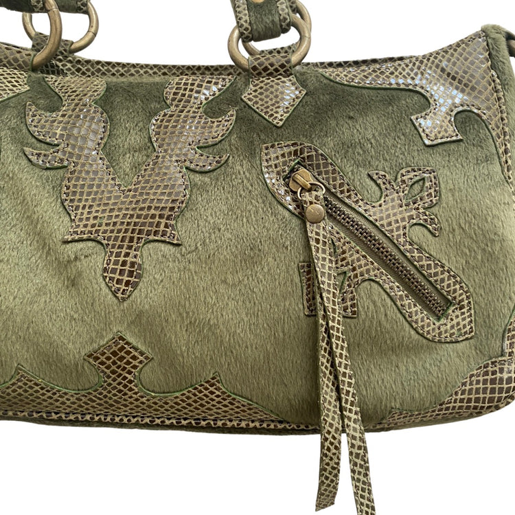 VELVET COWHIDE & SNAKESKIN APPLIQUE BAG WITH TOP HANDLE AND REMOVABLE CROSSBODY STRAP