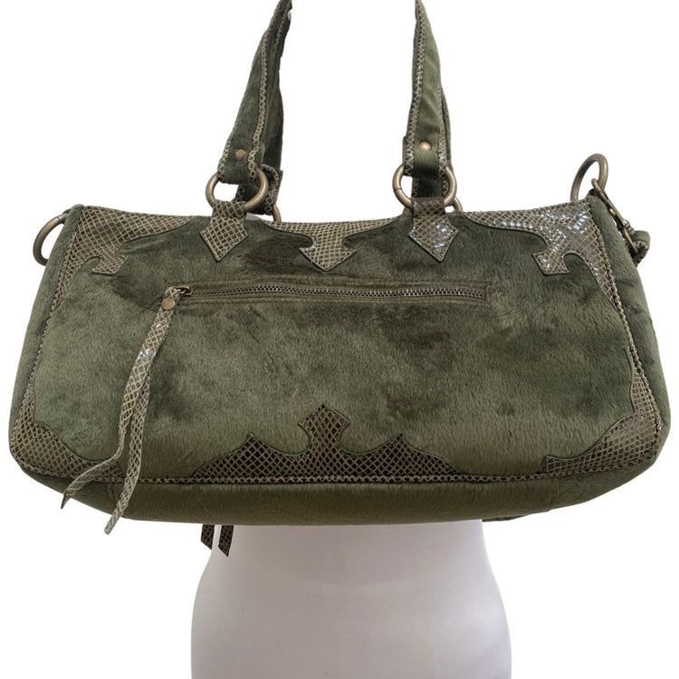VELVET COWHIDE & SNAKESKIN APPLIQUE BAG WITH TOP HANDLE AND REMOVABLE CROSSBODY STRAP