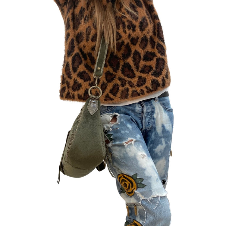 VELVET COWHIDE & SNAKESKIN APPLIQUE BAG WITH TOP HANDLE AND REMOVABLE CROSSBODY STRAP