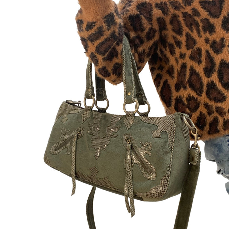 VELVET COWHIDE & SNAKESKIN APPLIQUE BAG WITH TOP HANDLE AND REMOVABLE CROSSBODY STRAP
