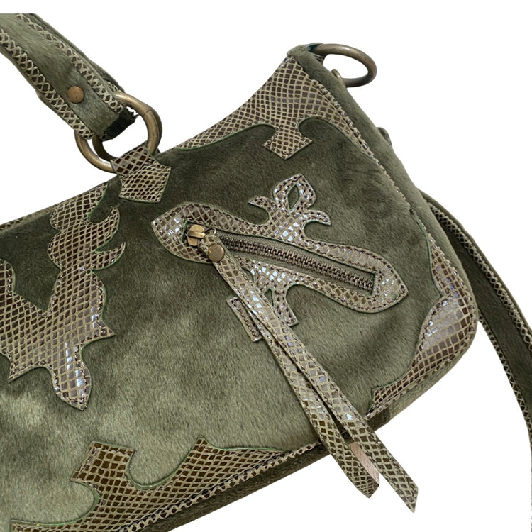 VELVET COWHIDE & SNAKESKIN APPLIQUE BAG WITH TOP HANDLE AND REMOVABLE CROSSBODY STRAP