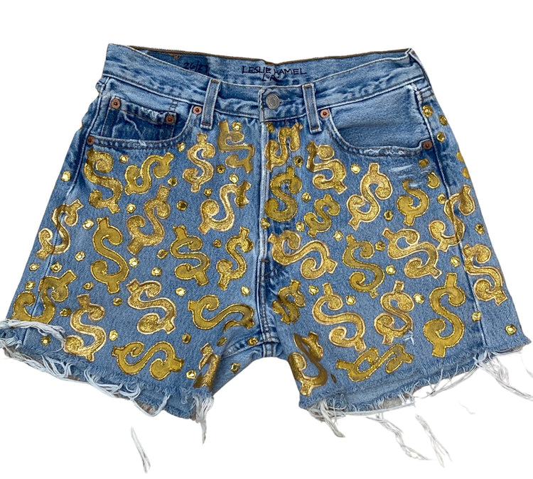 ZE GOLDEN MONEY SHORTS HANDPAINTED WITH HANDCUT APPLIQUÉD SEQUINS