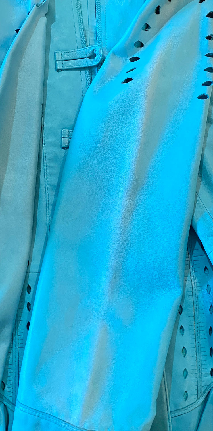TURQUOISE LASER CUT LAMBSKIN LEATHER JACKET