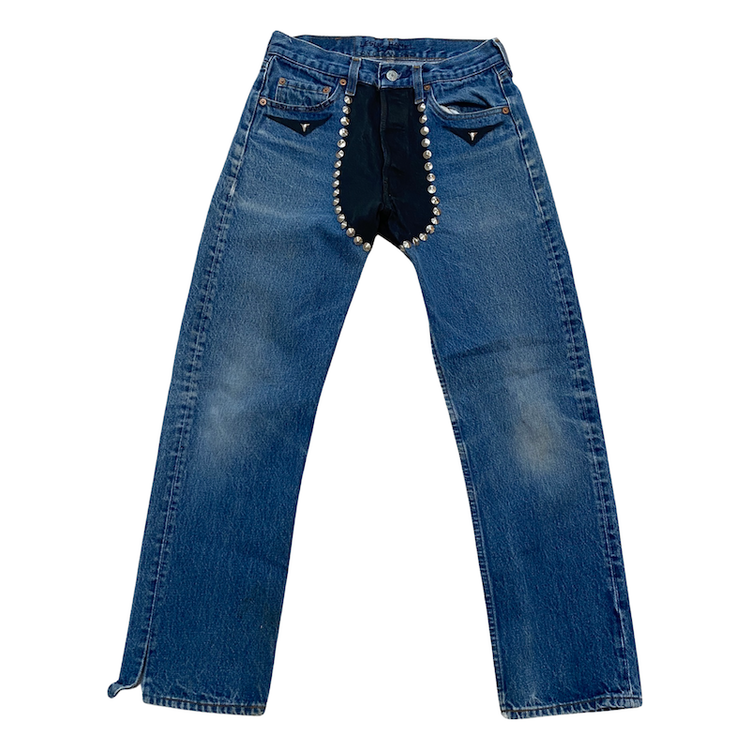 STUDDED CHAPS LESLIE HAMEL JEANS ON VINTAGE LEVIS 501'S