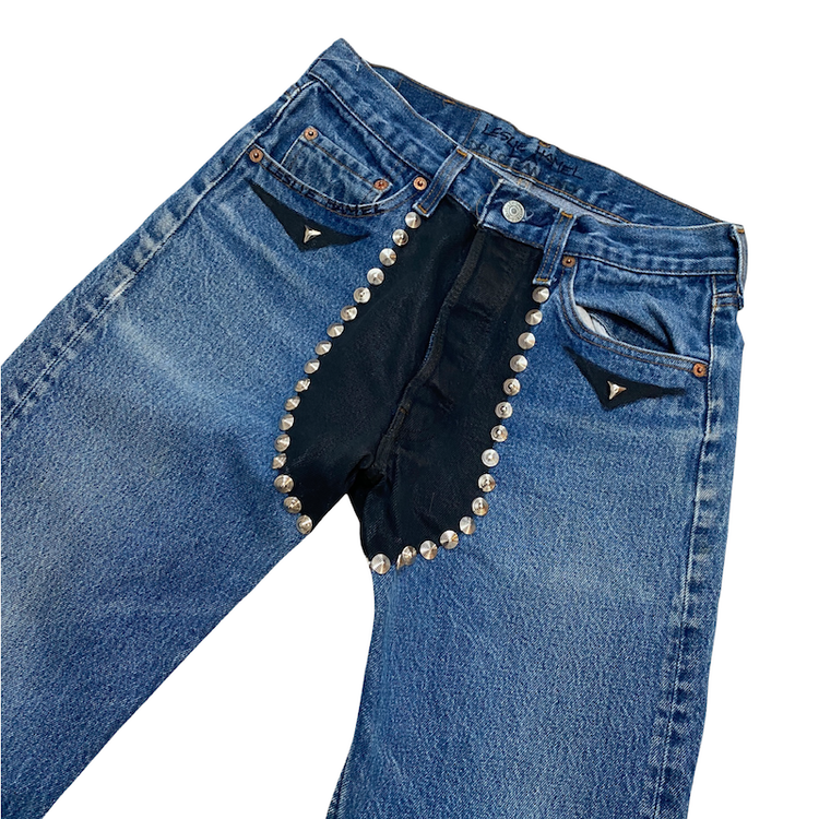 STUDDED CHAPS LESLIE HAMEL JEANS ON VINTAGE LEVIS 501'S