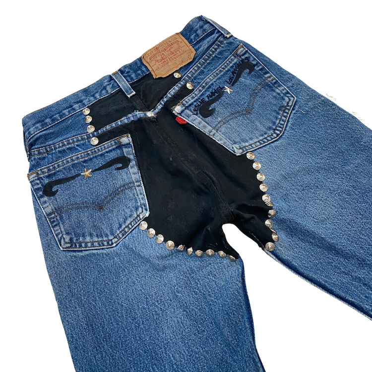 STUDDED CHAPS LESLIE HAMEL JEANS ON VINTAGE LEVIS 501'S