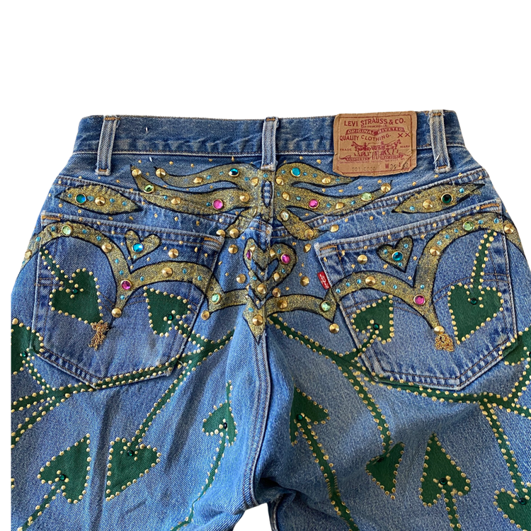 THE DELUXE JEANS HANDPAINTED STUDDED CRYSTAL EMBELLISHED LESLIE HAMEL LA JEANS