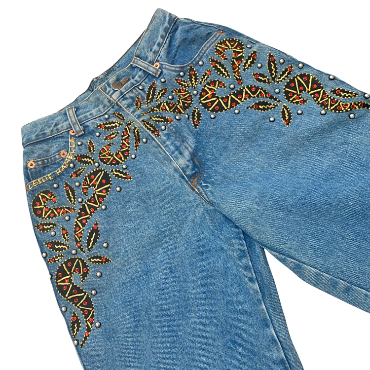 CRYSTAL AND PEARL HIGH WAISTED JEANS