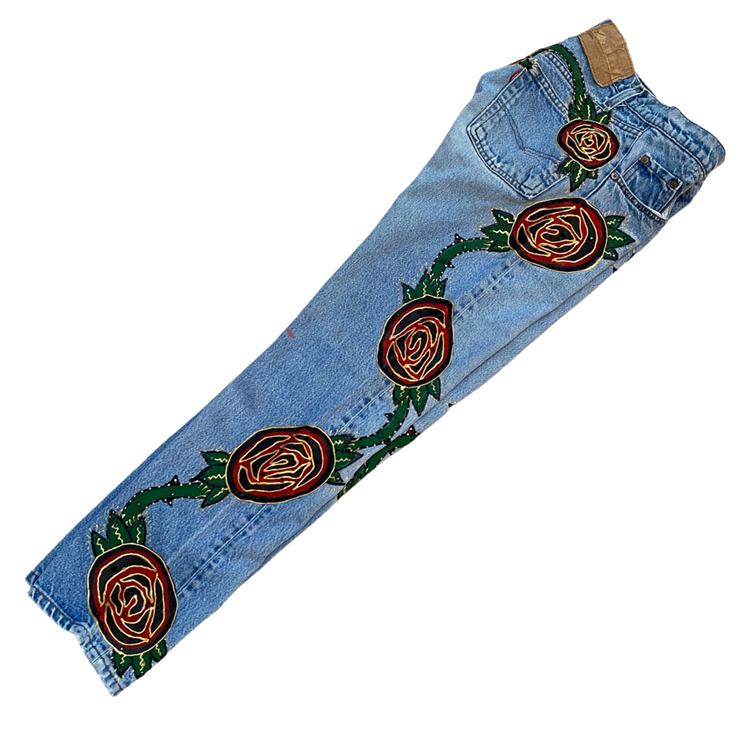CRYSTAL STUDDED ROSE VINE JEANS