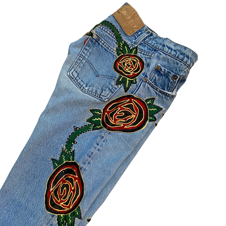 CRYSTAL STUDDED ROSE VINE JEANS