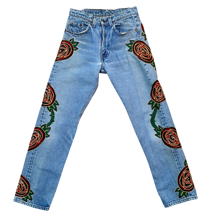 CRYSTAL STUDDED ROSE VINE JEANS
