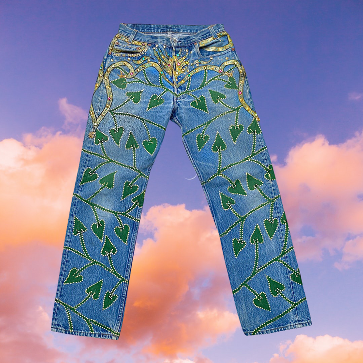 THE DELUXE JEANS HANDPAINTED STUDDED CRYSTAL EMBELLISHED LESLIE HAMEL LA JEANS
