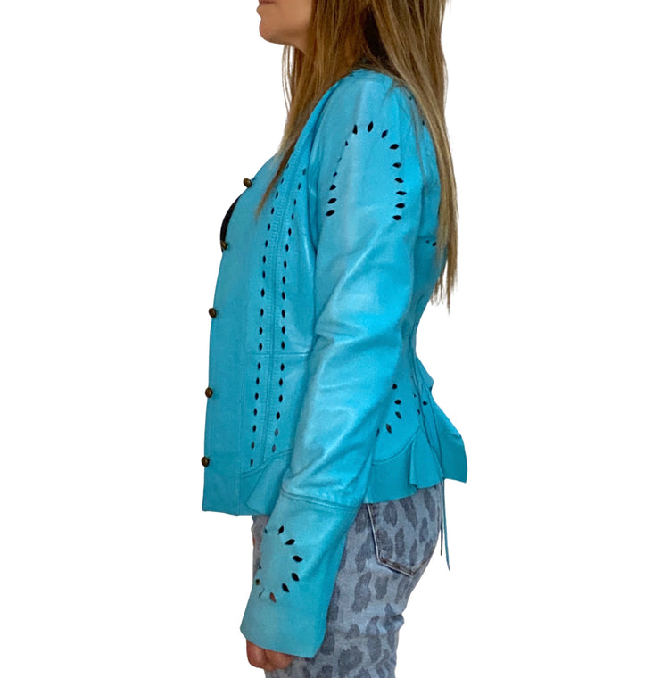 TURQUOISE LASER CUT LAMBSKIN LEATHER JACKET