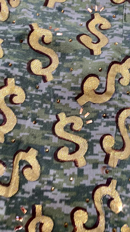 LESLIE HAMEL CAMO CASH MONEY JEANS WITH AUSTRIAN CRYSTALS BY COMMISSION ONLY
