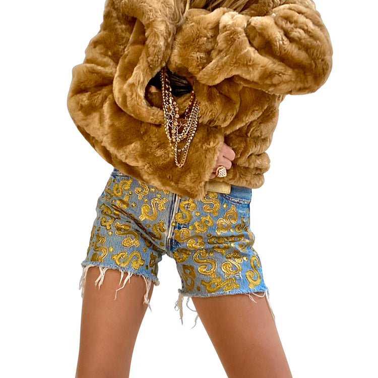 ZE GOLDEN MONEY SHORTS HANDPAINTED WITH HANDCUT APPLIQUÉD SEQUINS