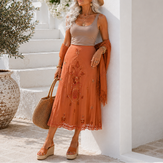 BEADED SILK CHIFFON SKIRT CORAL