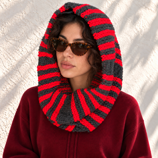 DAISY'S COZY HOOD SCARF - RED & GREY