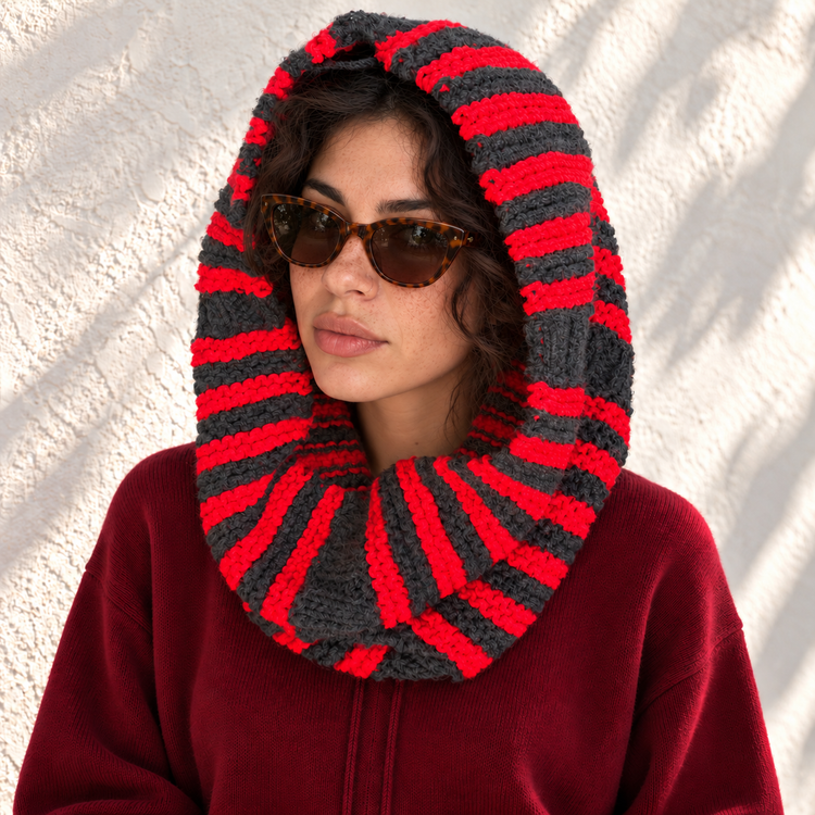 DAISY'S COZY HOOD SCARF - RED & GREY